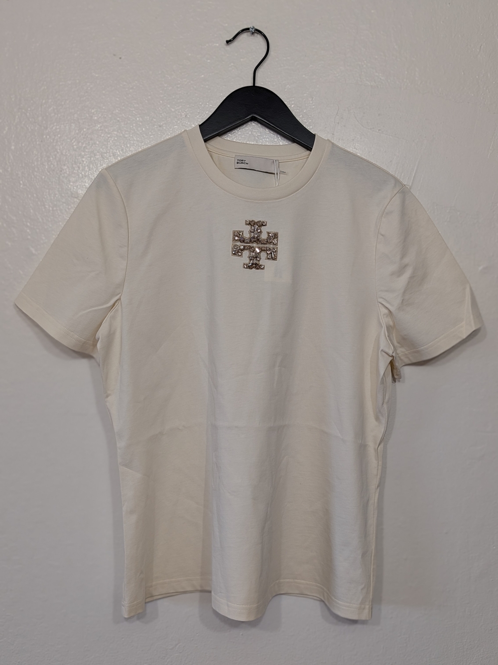 Tory Burch Cream Short-Sleeve Logo Tee with Embellished Emblem